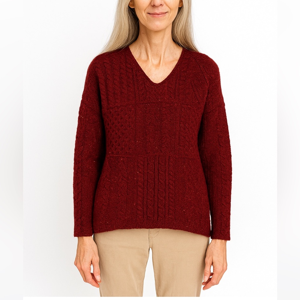 Carrig Donn Aran Irish Wool Fisherman Patchwork Boxy Sweater large Marled Red